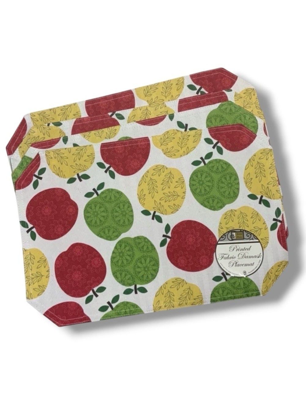 Placemats Apple Printed Damask Fabric 4 Reversible Pieces White Red Green Yellow